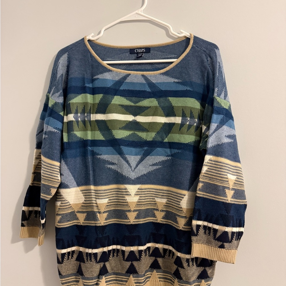 Chaps Denim Blue Green and Tan Sweater Top Size XL Vintage